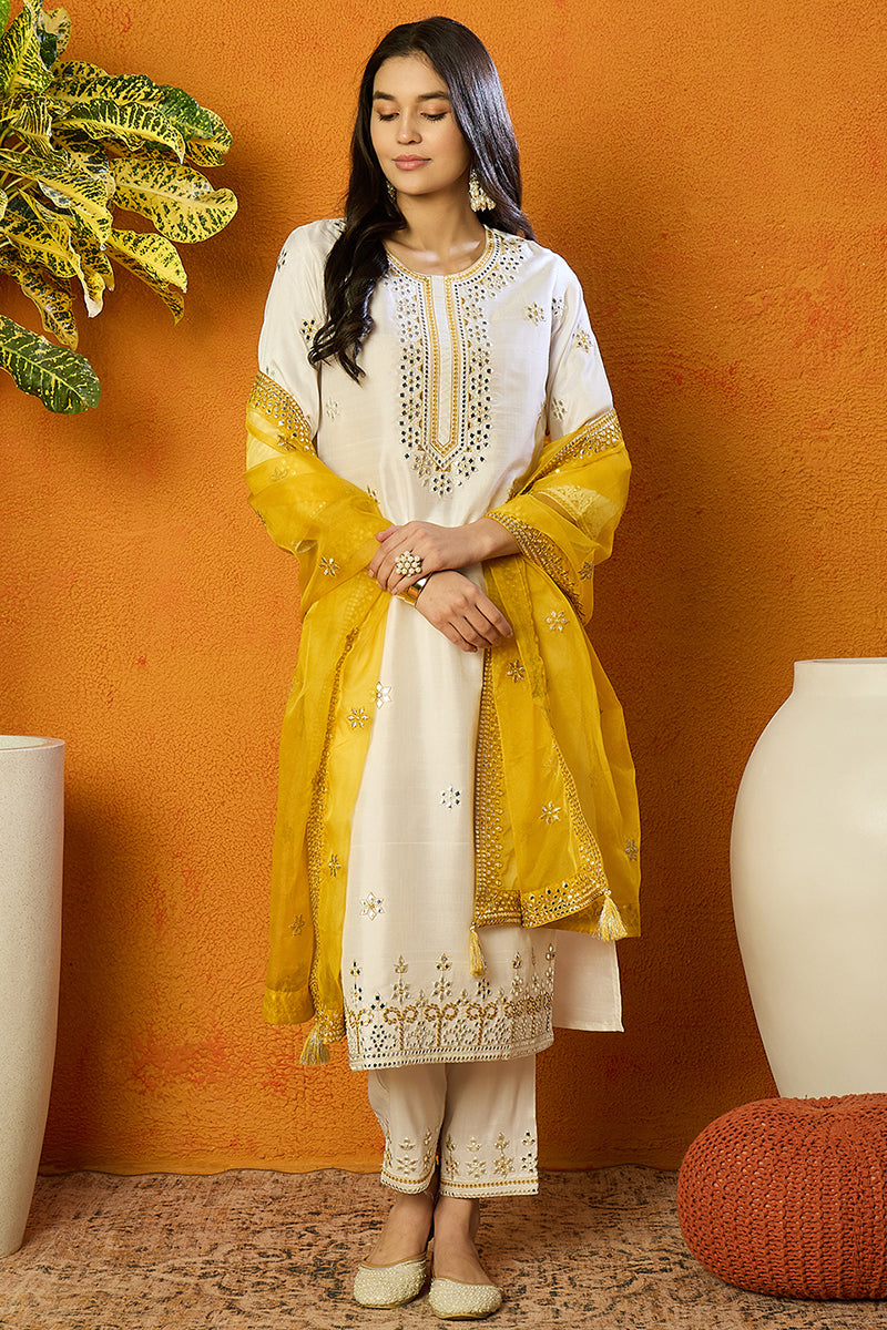 White Silk Blend Solid Embroidered Straight Suit Set PKSKD2471 | DesiQ