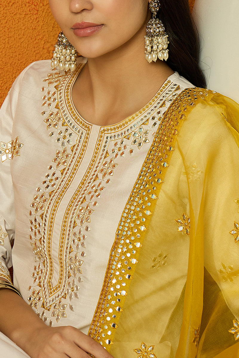 White Silk Blend Solid Embroidered Straight Suit Set PKSKD2471 | DesiQ