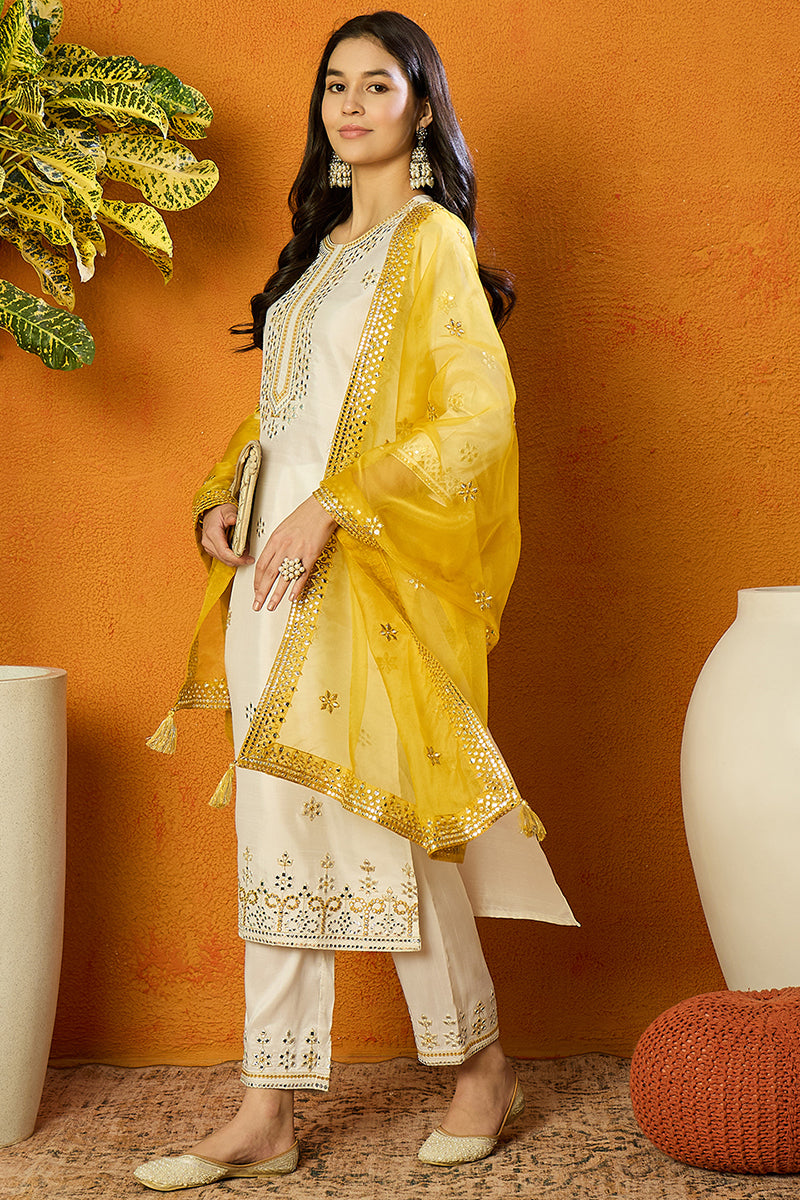 White Silk Blend Solid Embroidered Straight Suit Set PKSKD2471 | DesiQ