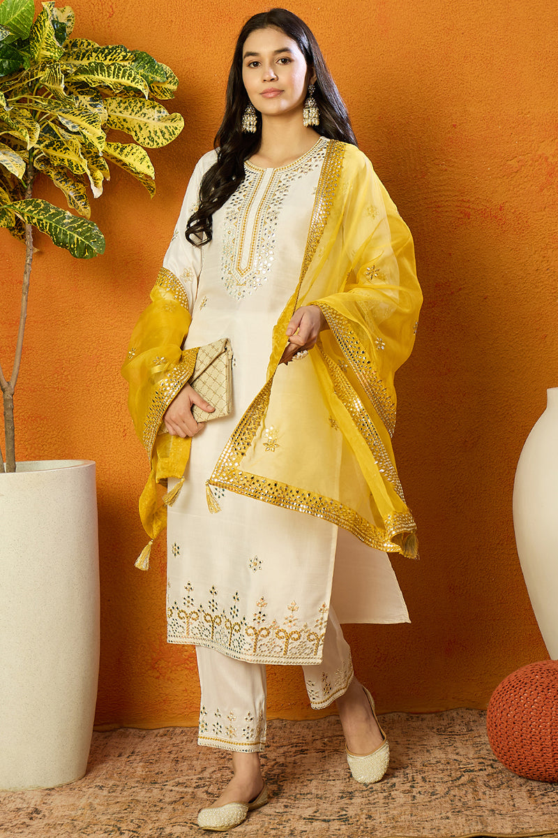 White Silk Blend Solid Embroidered Straight Suit Set PKSKD2471 | DesiQ