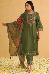 Green Silk Blend Solid Embroidered Straight Trouser Suit Set PKSKD2473