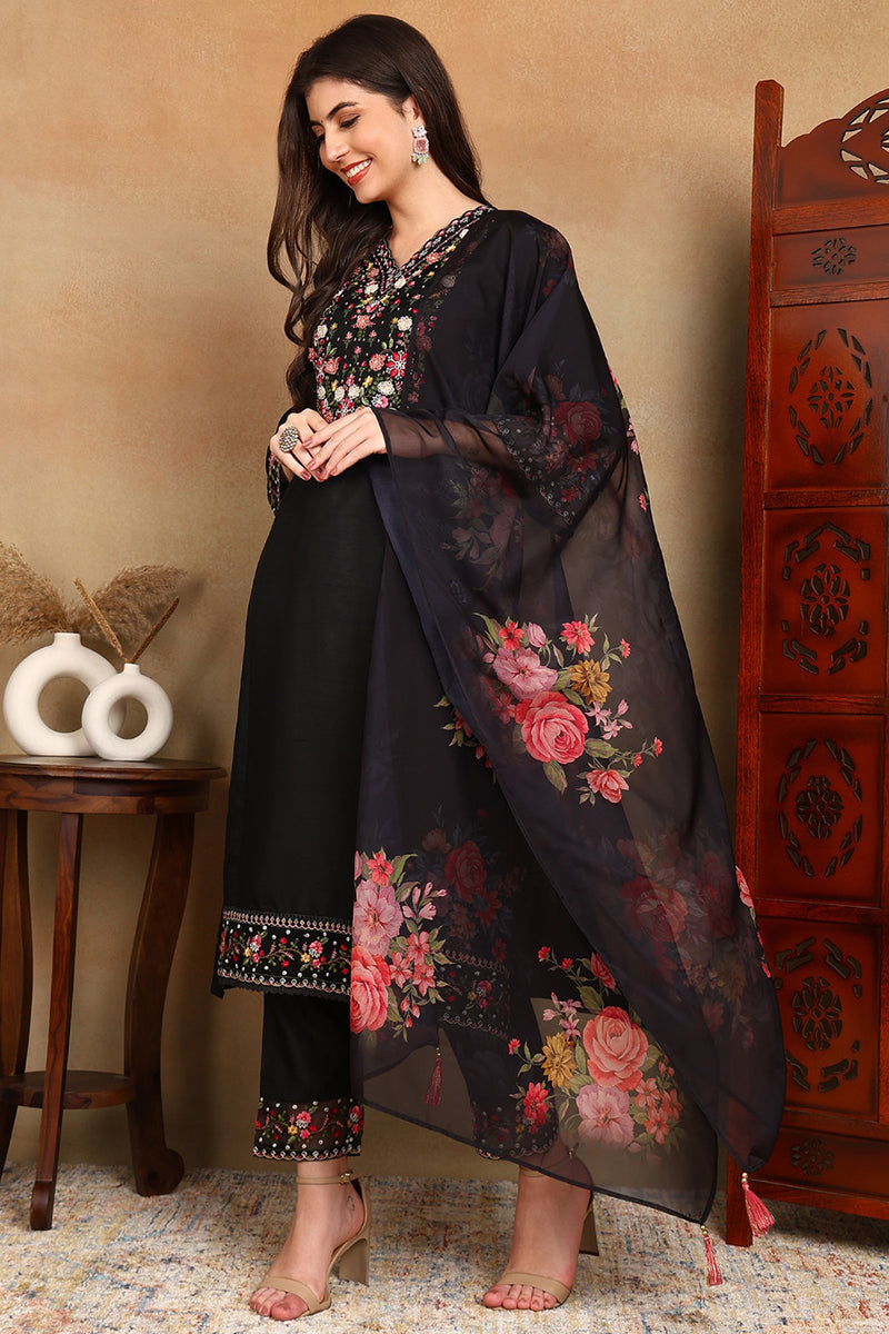 Black Silk Blend Solid Embroidered Straight Trouser Bottom Suit Set PK