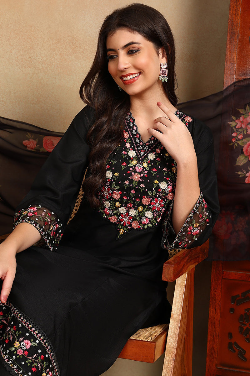 Black Silk Blend Solid Embroidered Straight Trouser Bottom Suit Set PK