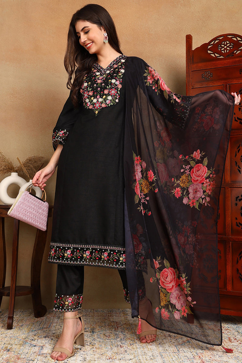 Black Silk Blend Solid Embroidered Straight Trouser Bottom Suit Set PK
