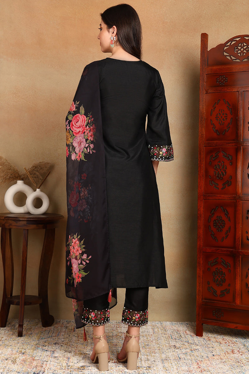 Black Silk Blend Solid Embroidered Straight Trouser Bottom Suit Set PK