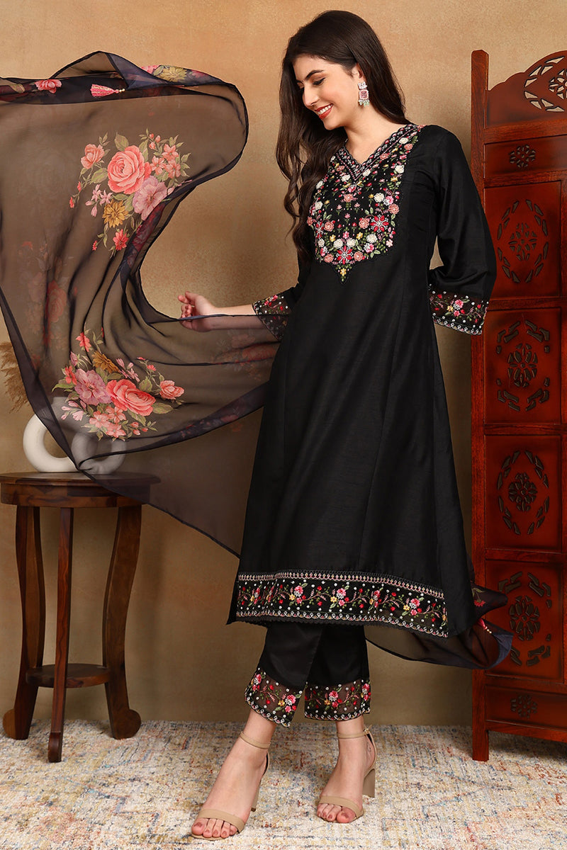 Black Silk Blend Solid Embroidered Straight Trouser Bottom Suit Set PK