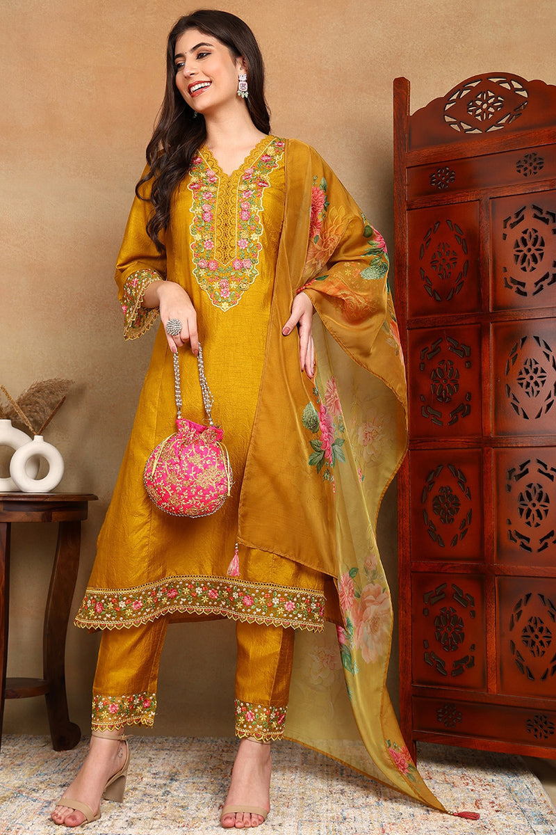 Mustard Yellow Silk Blend Solid Embroidered Straight Trouser Bottom Su