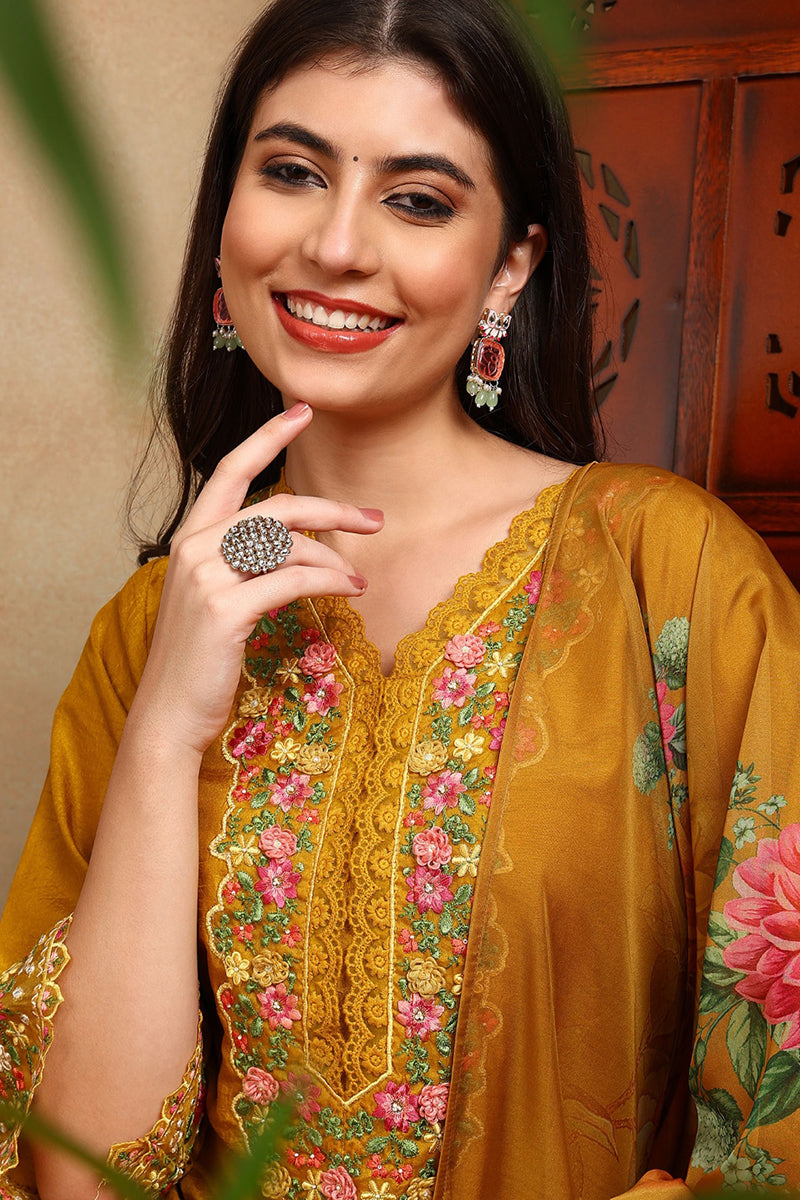 Mustard Yellow Silk Blend Solid Embroidered Straight Trouser Bottom Su
