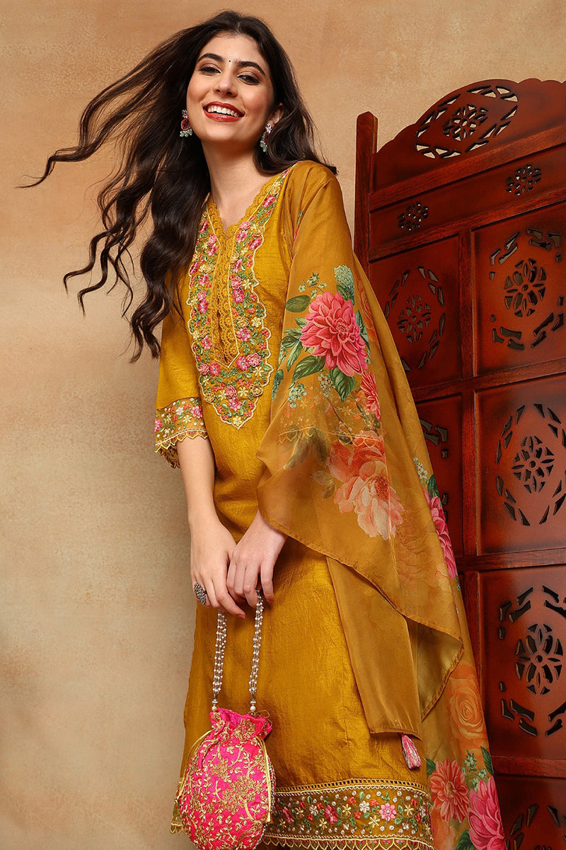 Mustard Yellow Silk Blend Solid Embroidered Straight Trouser Bottom Su