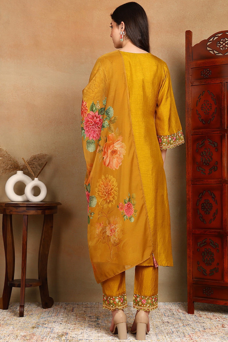 Mustard Yellow Silk Blend Solid Embroidered Straight Trouser Bottom Su