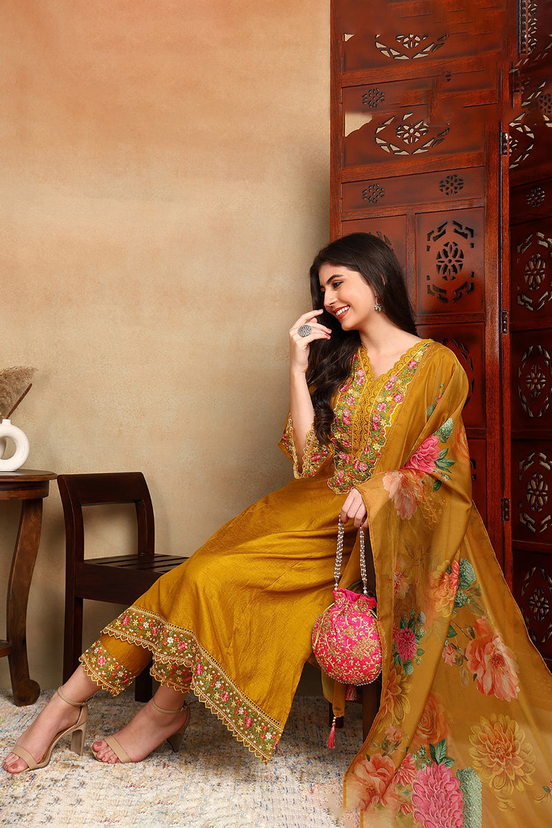 Mustard Yellow Silk Blend Solid Embroidered Straight Trouser Bottom Su