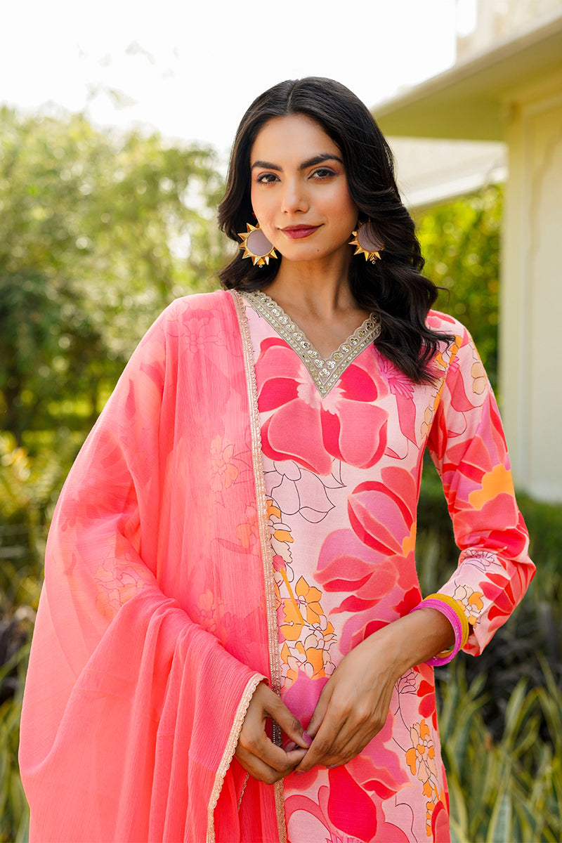 Peach Rayon Blend Floral Printed Straight Trouser Suit Set PKSKD2477 |