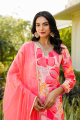 Peach Rayon Blend Floral Printed Straight Trouser Suit Set PKSKD2477
