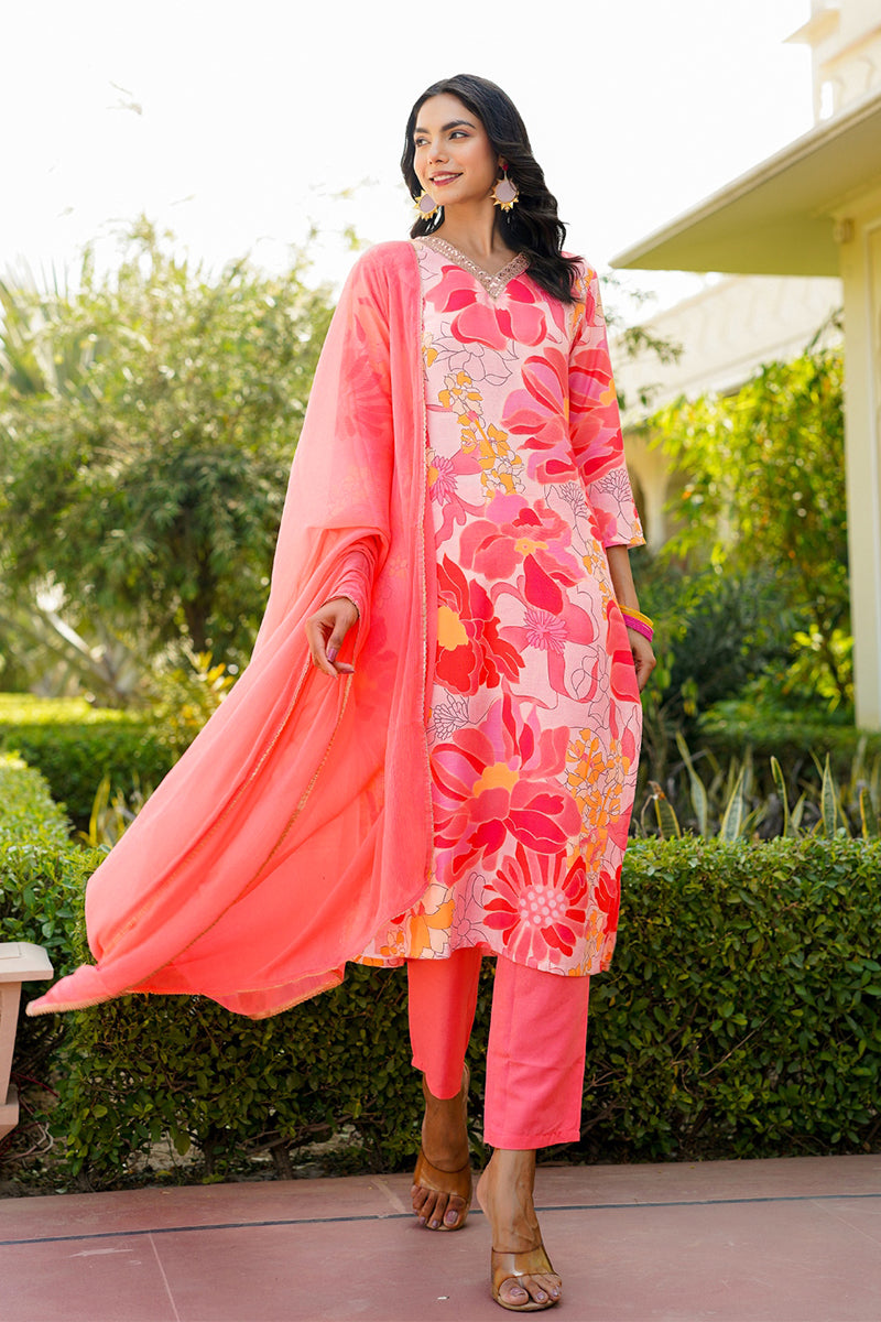 Peach Rayon Blend Floral Printed Straight Trouser Suit Set PKSKD2477 |