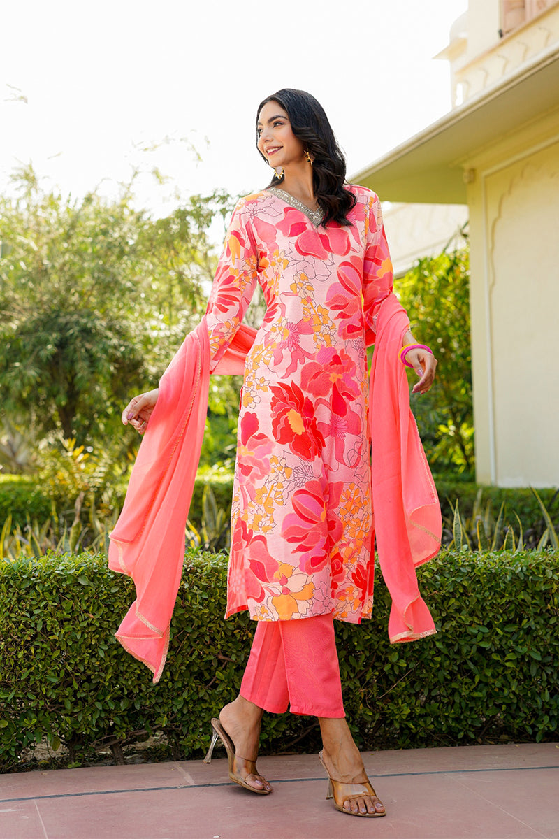 Peach Rayon Blend Floral Printed Straight Trouser Suit Set PKSKD2477 |