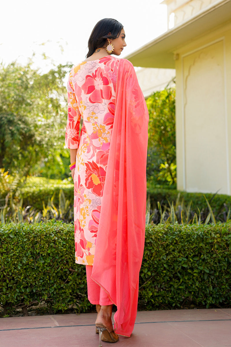 Peach Rayon Blend Floral Printed Straight Trouser Suit Set PKSKD2477 |