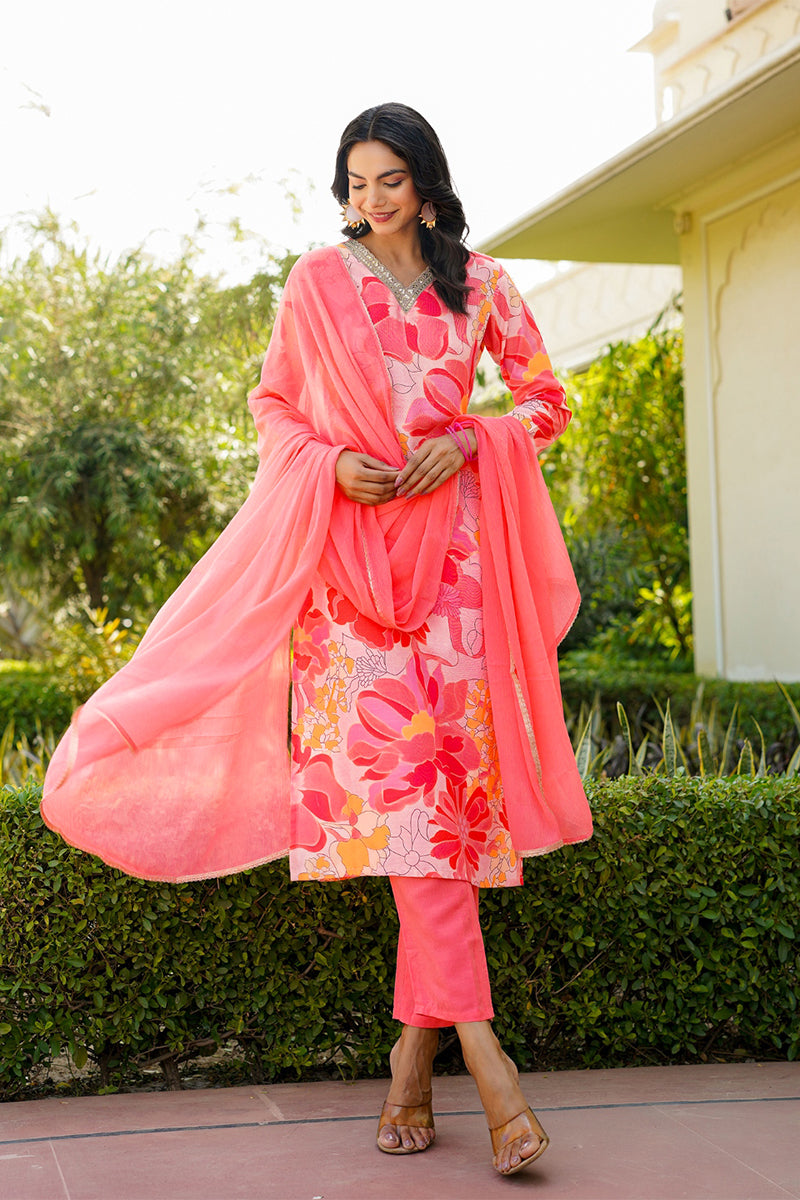 Peach Rayon Blend Floral Printed Straight Trouser Suit Set PKSKD2477 |