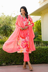 Peach Rayon Blend Floral Printed Straight Trouser Suit Set PKSKD2477