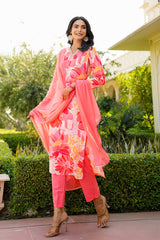 Peach Rayon Blend Floral Printed Straight Trouser Suit Set PKSKD2477