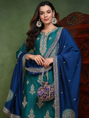 Women Green Silk Blend Solid Embroidered Straight Kurta Trouser With Dupatta
