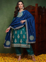 Women Green Silk Blend Solid Embroidered Straight Kurta Trouser With Dupatta