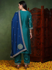 Women Green Silk Blend Solid Embroidered Straight Kurta Trouser With Dupatta