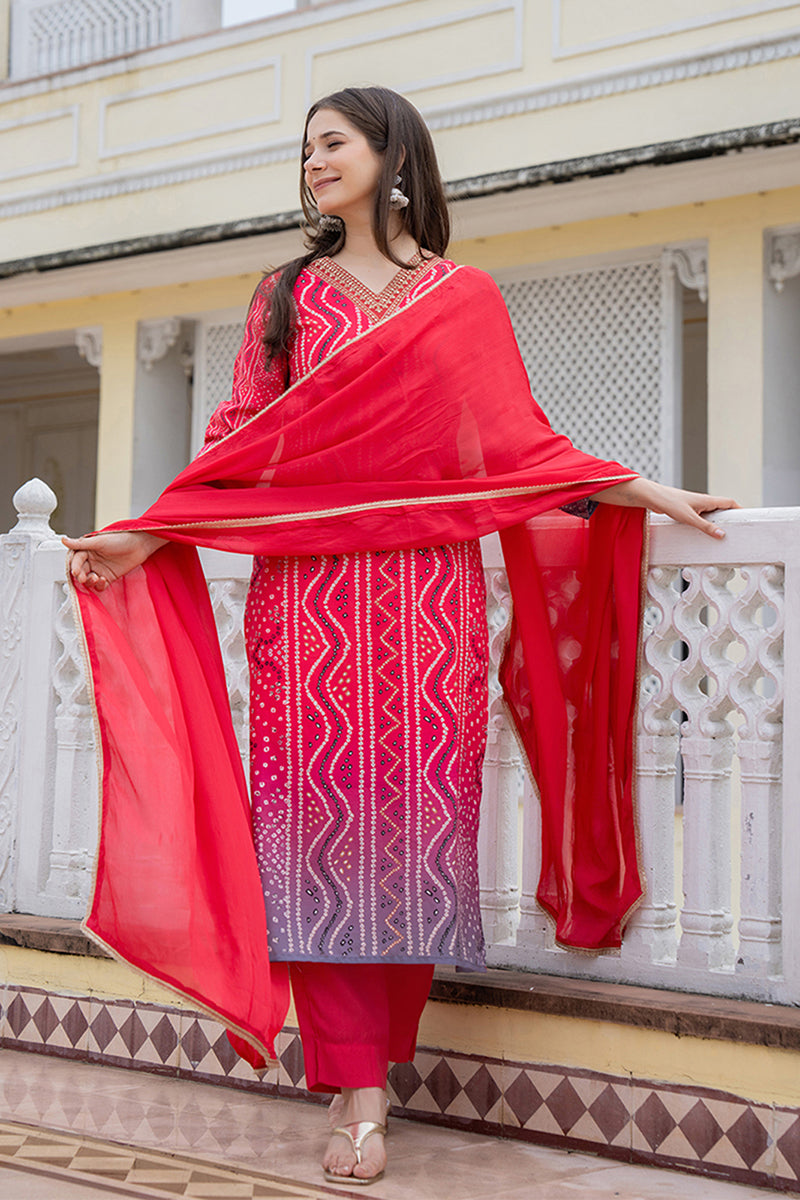 Red Embroidered Solid Rayon Blend Straight Suit Set PKSKD2484 | DesiQl