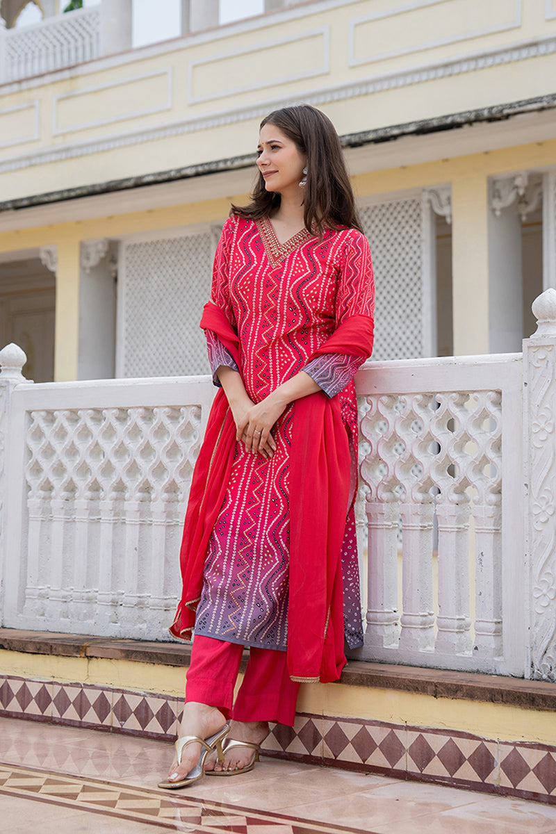 Red Embroidered Solid Rayon Blend Straight Suit Set PKSKD2484 | DesiQl