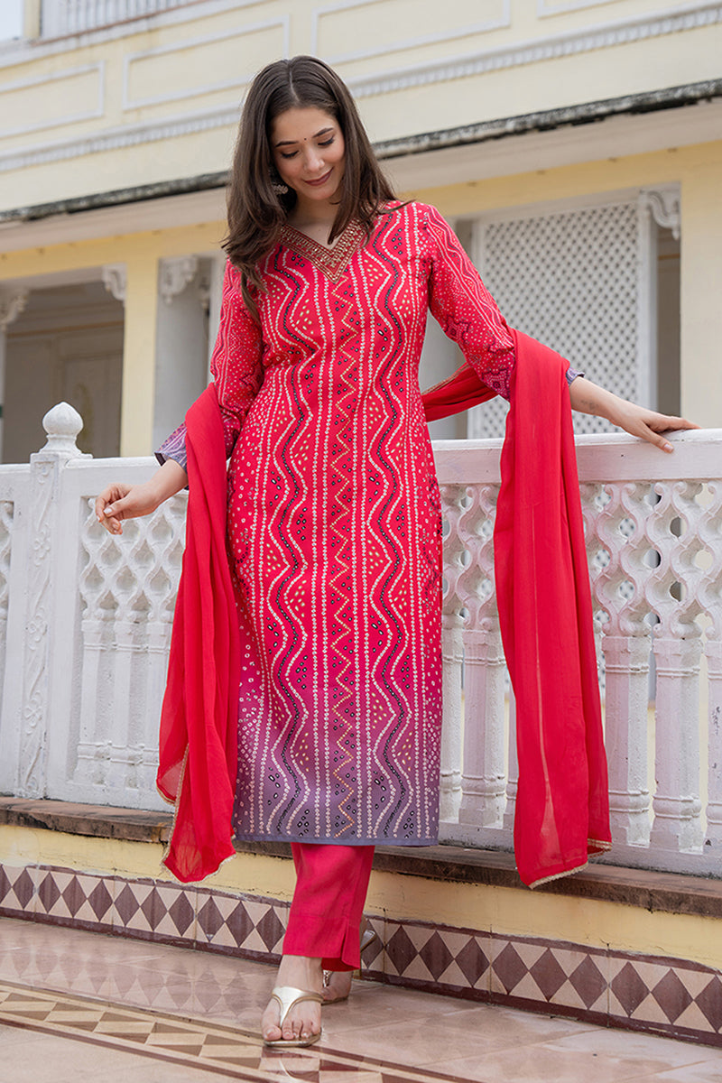 Red Embroidered Solid Rayon Blend Straight Suit Set PKSKD2484 | DesiQl