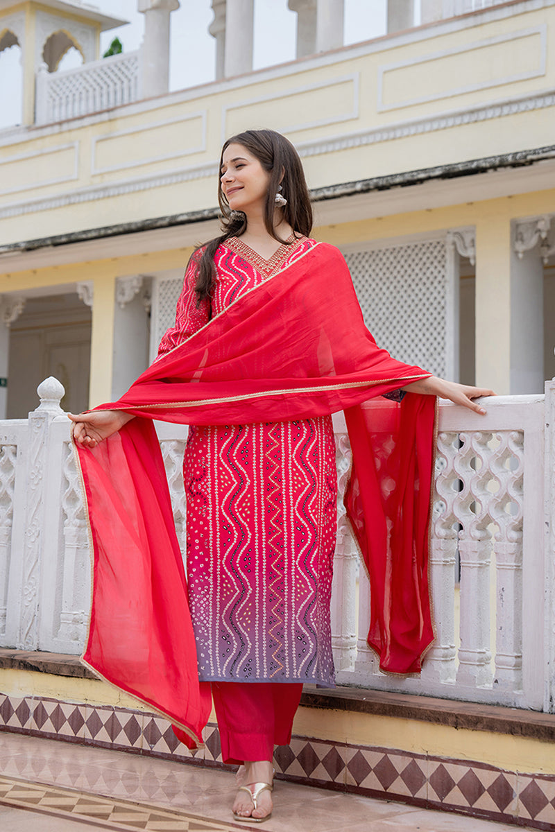 Red Embroidered Solid Rayon Blend Straight Suit Set PKSKD2484 | DesiQl