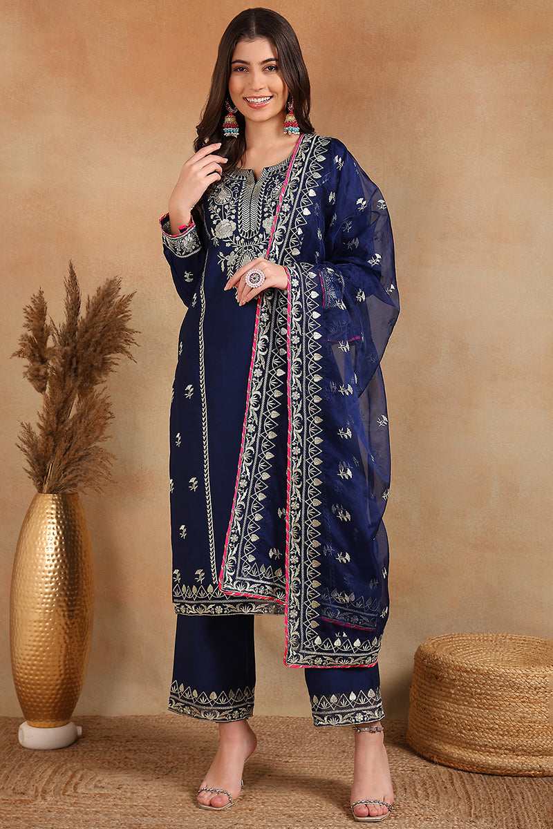 Navy Blue Silk Blend Embroidered Solid Yoke Design Straight Palazzo Su