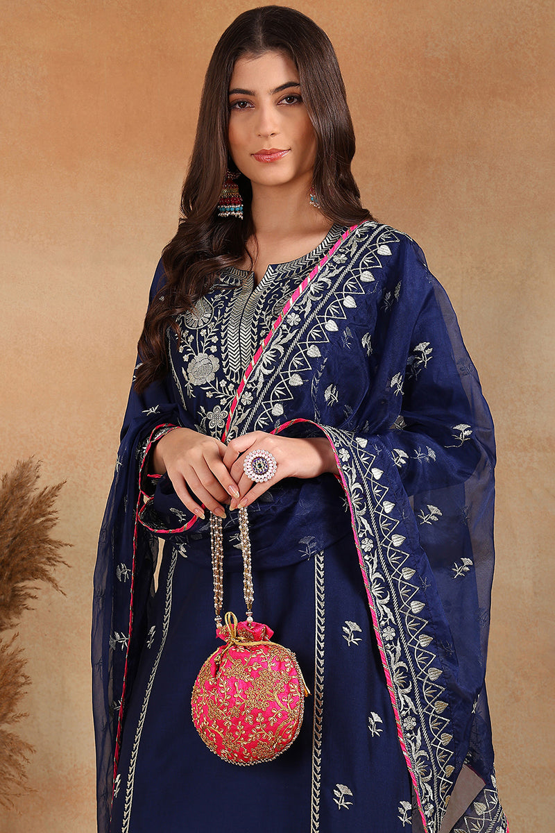 Navy Blue Silk Blend Embroidered Solid Yoke Design Straight Palazzo Su