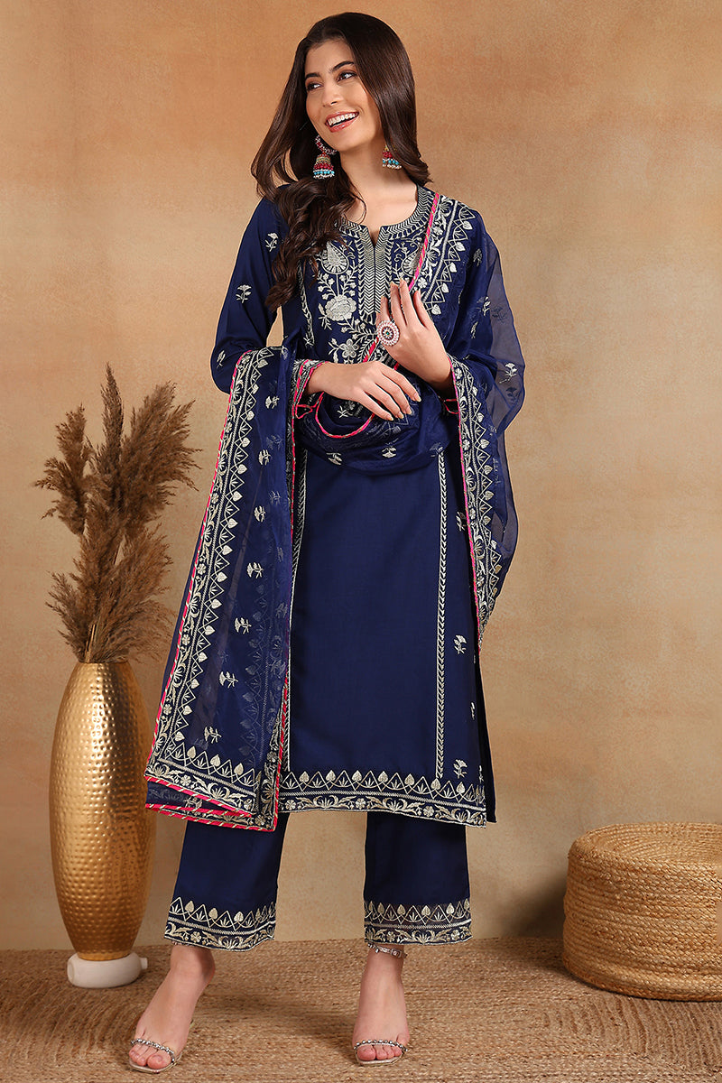Navy Blue Silk Blend Embroidered Solid Yoke Design Straight Palazzo Su