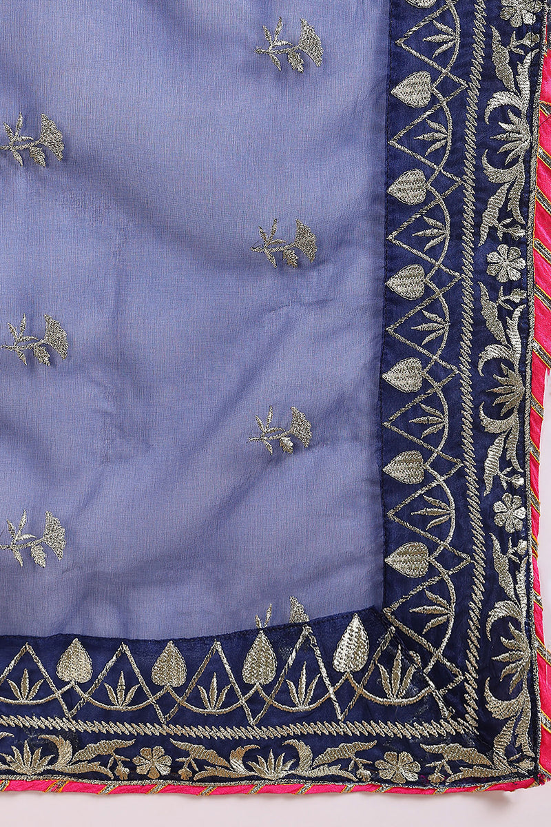 Navy Blue Silk Blend Embroidered Solid Yoke Design Straight Palazzo Su