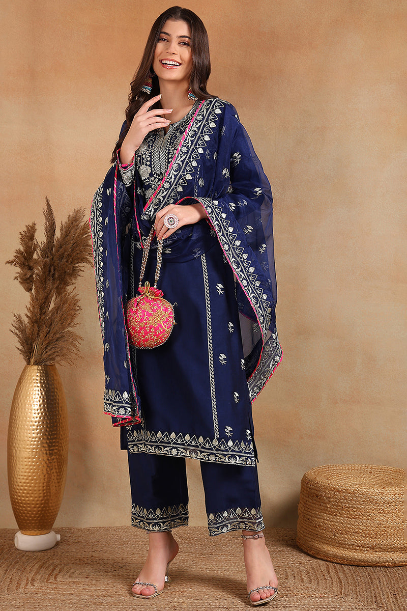 Navy Blue Silk Blend Embroidered Solid Yoke Design Straight Palazzo Su
