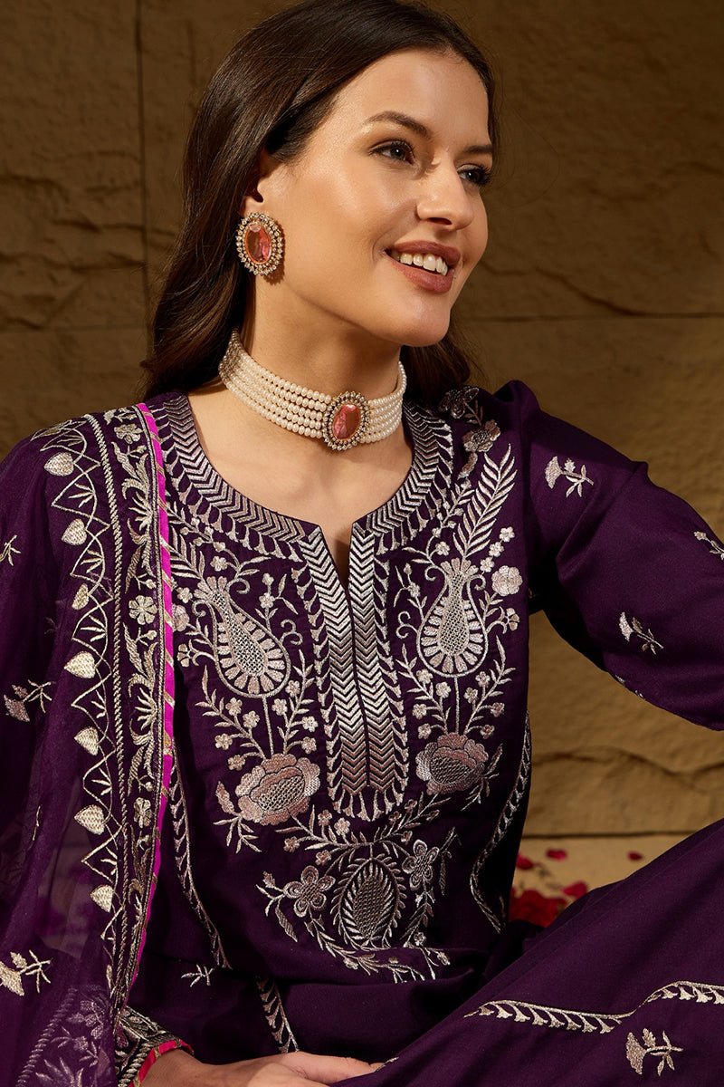Purple Silk Blend Embroidered Solid Yoke Design Straight Palazzo Suit 