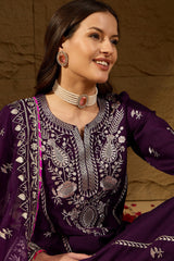 Purple Silk Blend Embroidered Solid Yoke Design Straight Palazzo Suit Set PKSKD2488