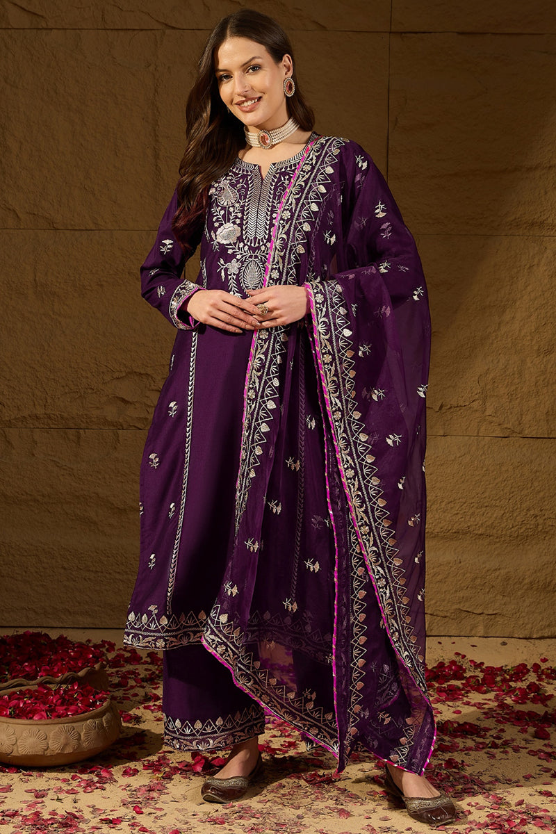 Purple Silk Blend Embroidered Solid Yoke Design Straight Palazzo Suit 