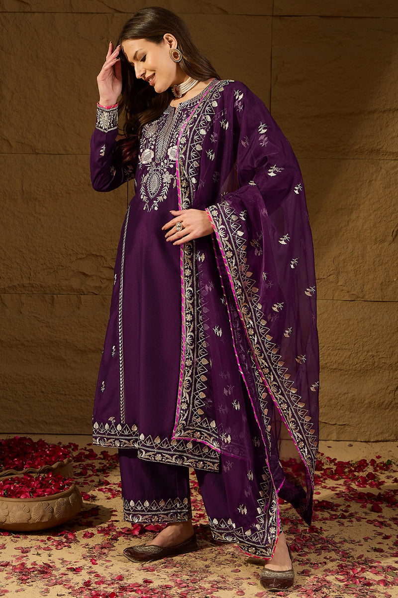 Purple Silk Blend Embroidered Solid Yoke Design Straight Palazzo Suit 