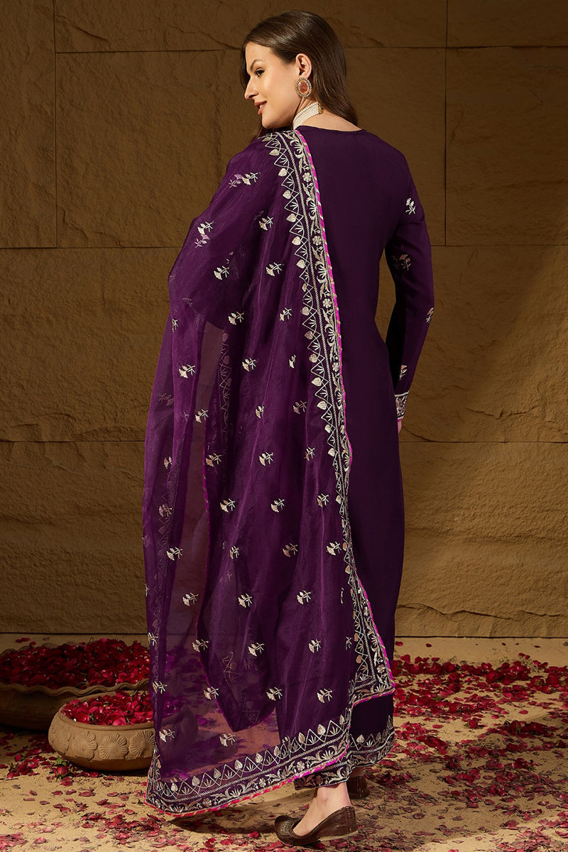 Purple Silk Blend Embroidered Solid Yoke Design Straight Palazzo Suit 