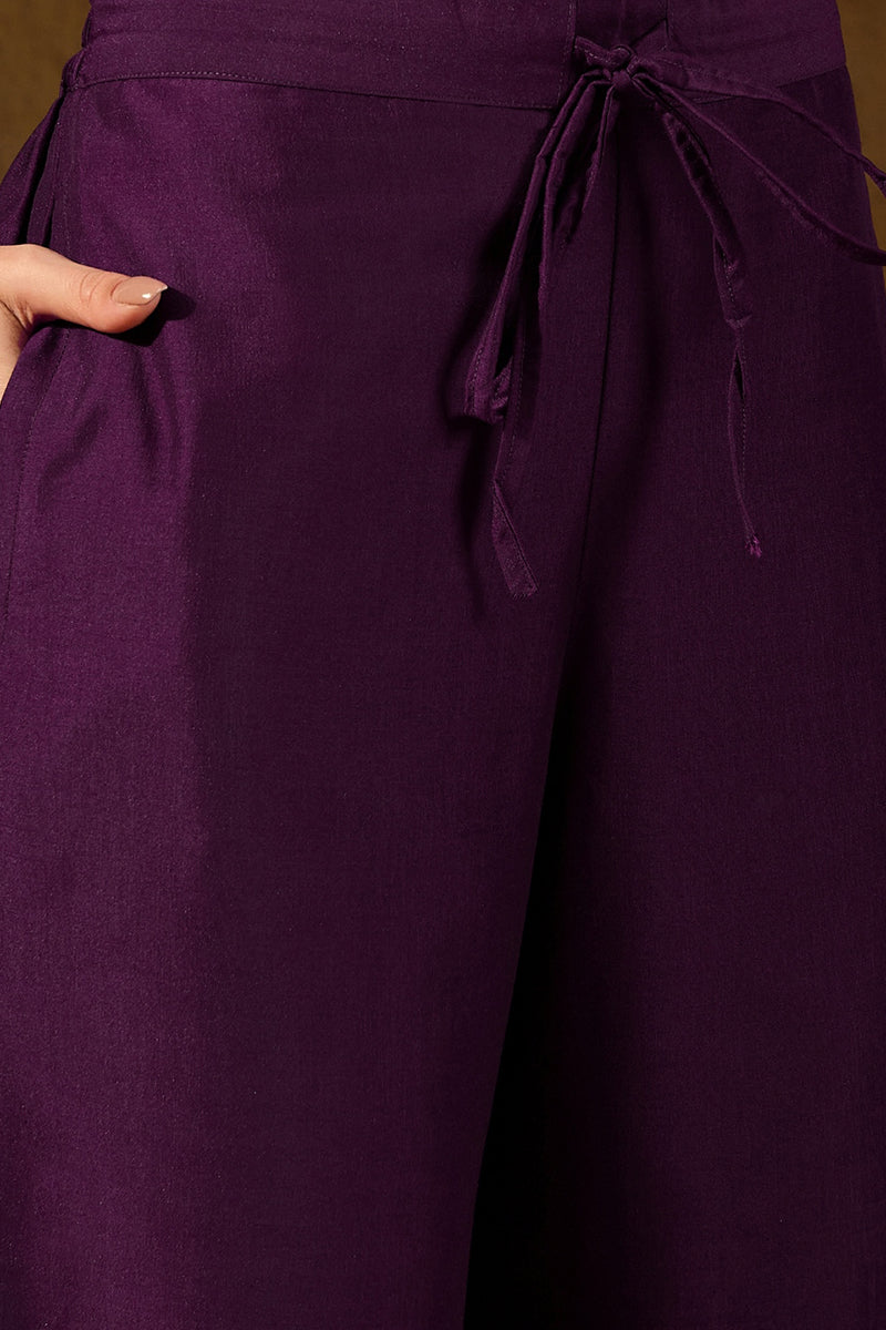 Purple Silk Blend Embroidered Solid Yoke Design Straight Palazzo Suit 
