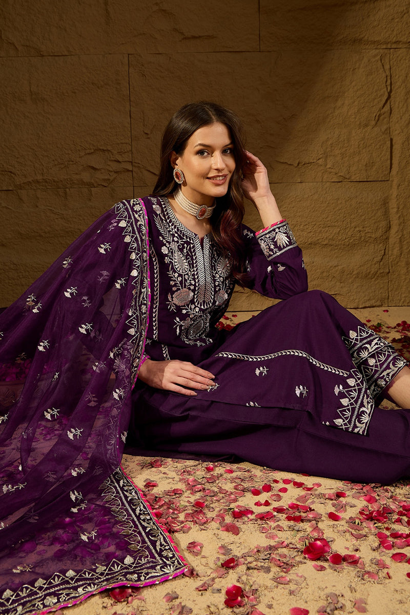 Purple Silk Blend Embroidered Solid Yoke Design Straight Palazzo Suit 
