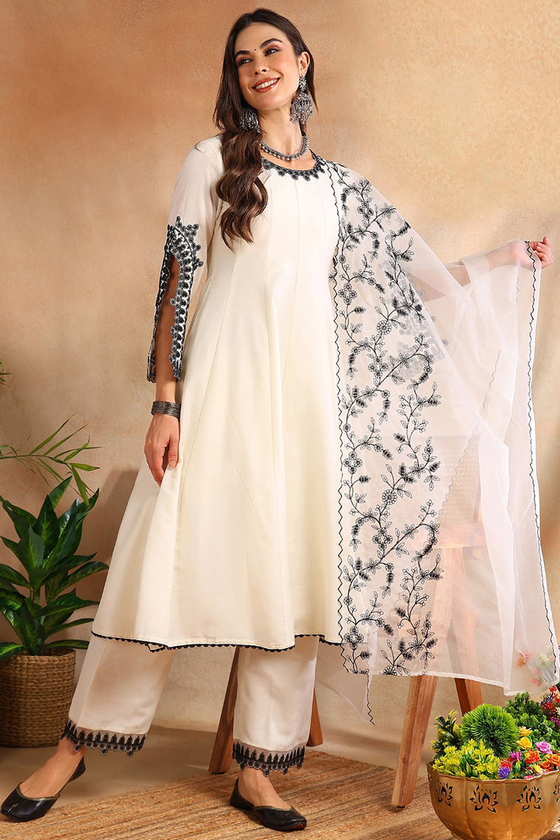 White Silk Blend Solid Embroidered Anarkali Kurta Trouse With Dupaata 