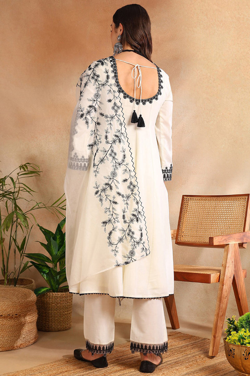 White Silk Blend Solid Embroidered Anarkali Kurta Trouse With Dupaata 