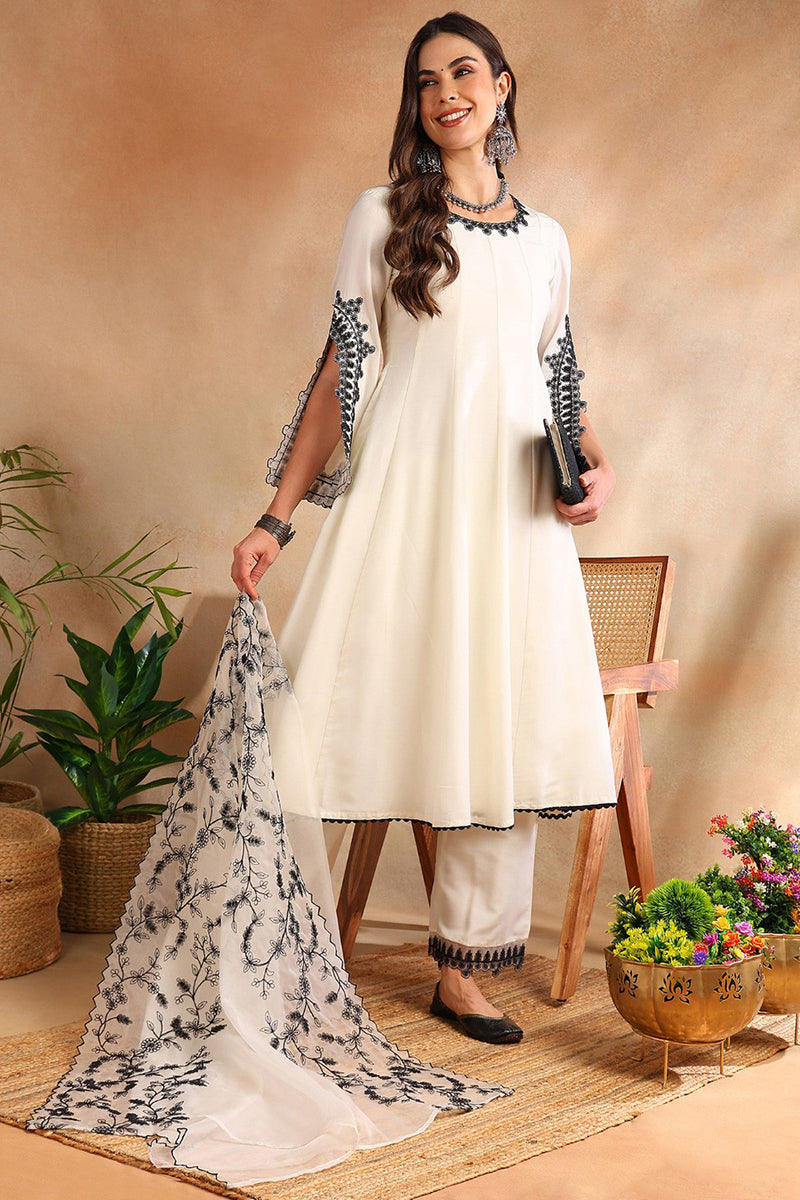 White Silk Blend Solid Embroidered Anarkali Kurta Trouse With Dupaata 