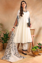 White Silk Blend Solid Embroidered Anarkali Trouser Suit Set PKSKD2489