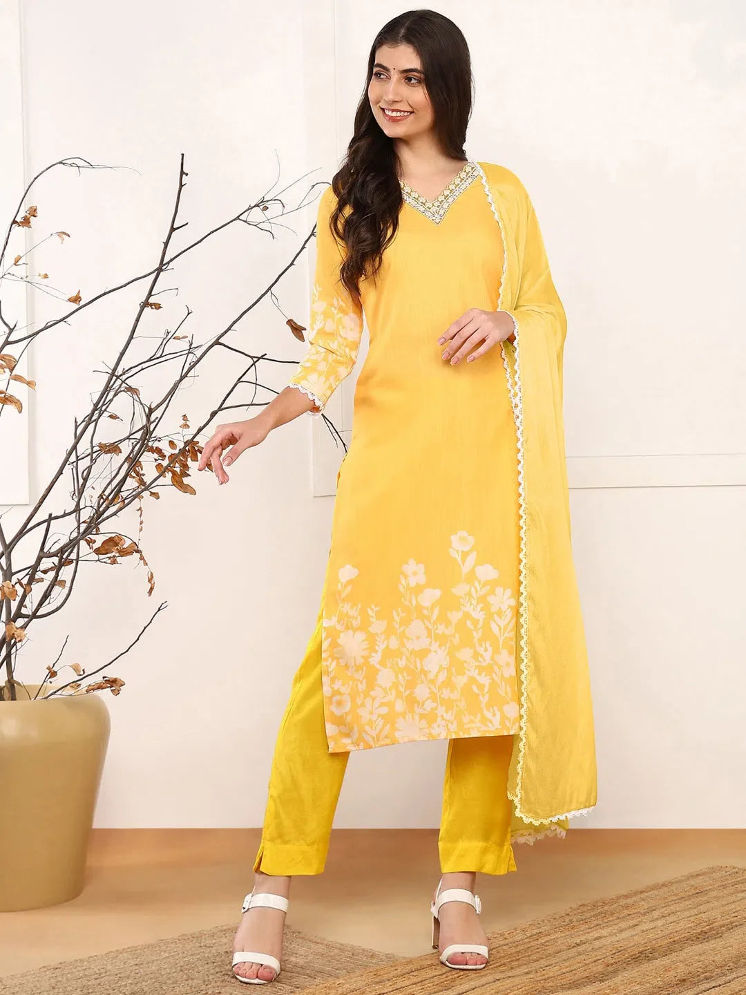 Yellow Floral Cotton Blend Kurta Set with Dupatta for Women