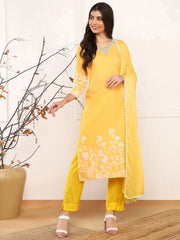 Women Yellow Cotton Blend Floral Printed Straight Kurta Trouser With Dupatta-PKSKD2495YLW