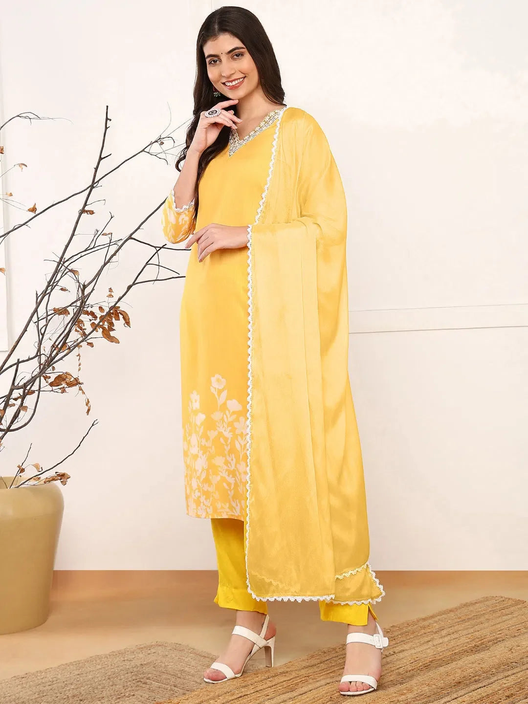 Yellow Floral Cotton Blend Kurta Set with Dupatta for Women