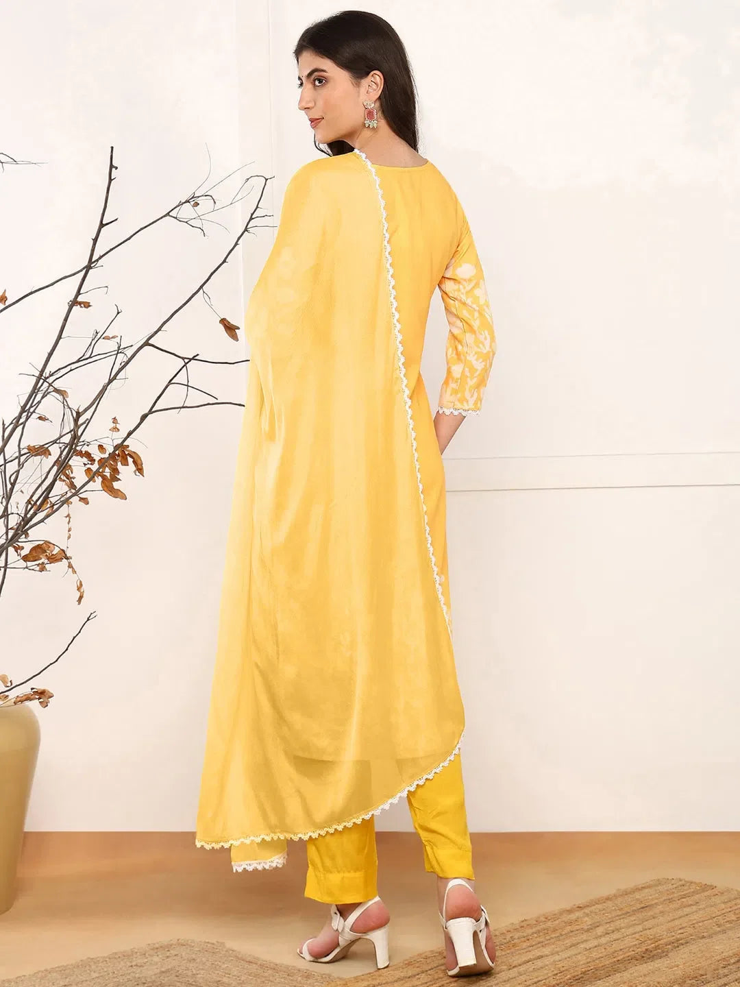 Yellow Floral Cotton Blend Kurta Set with Dupatta for Women